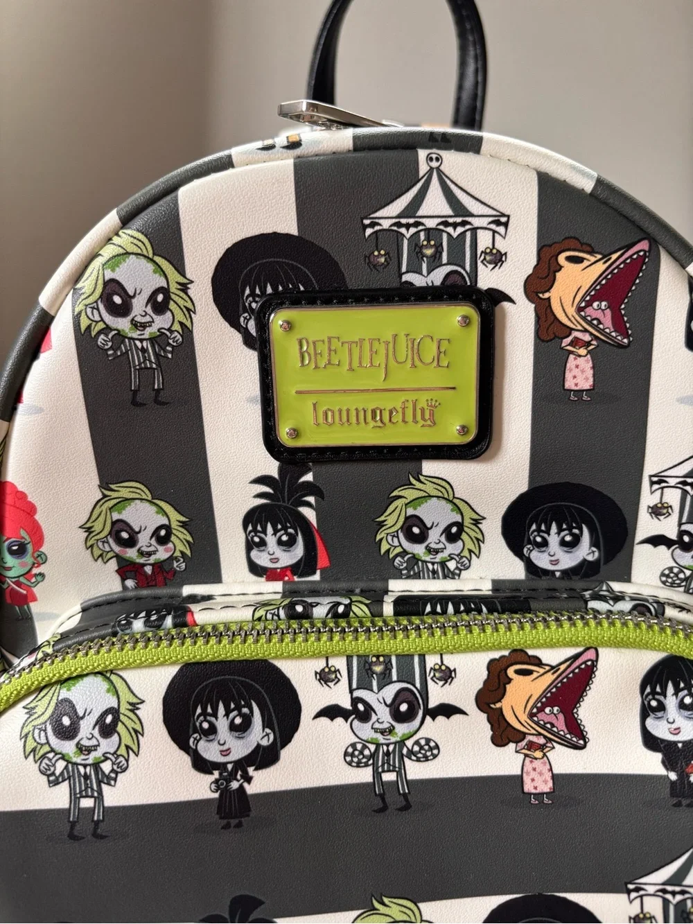Loungefly Beetlejuice Mini Backpack Black Striped Chibi Character Print NWT